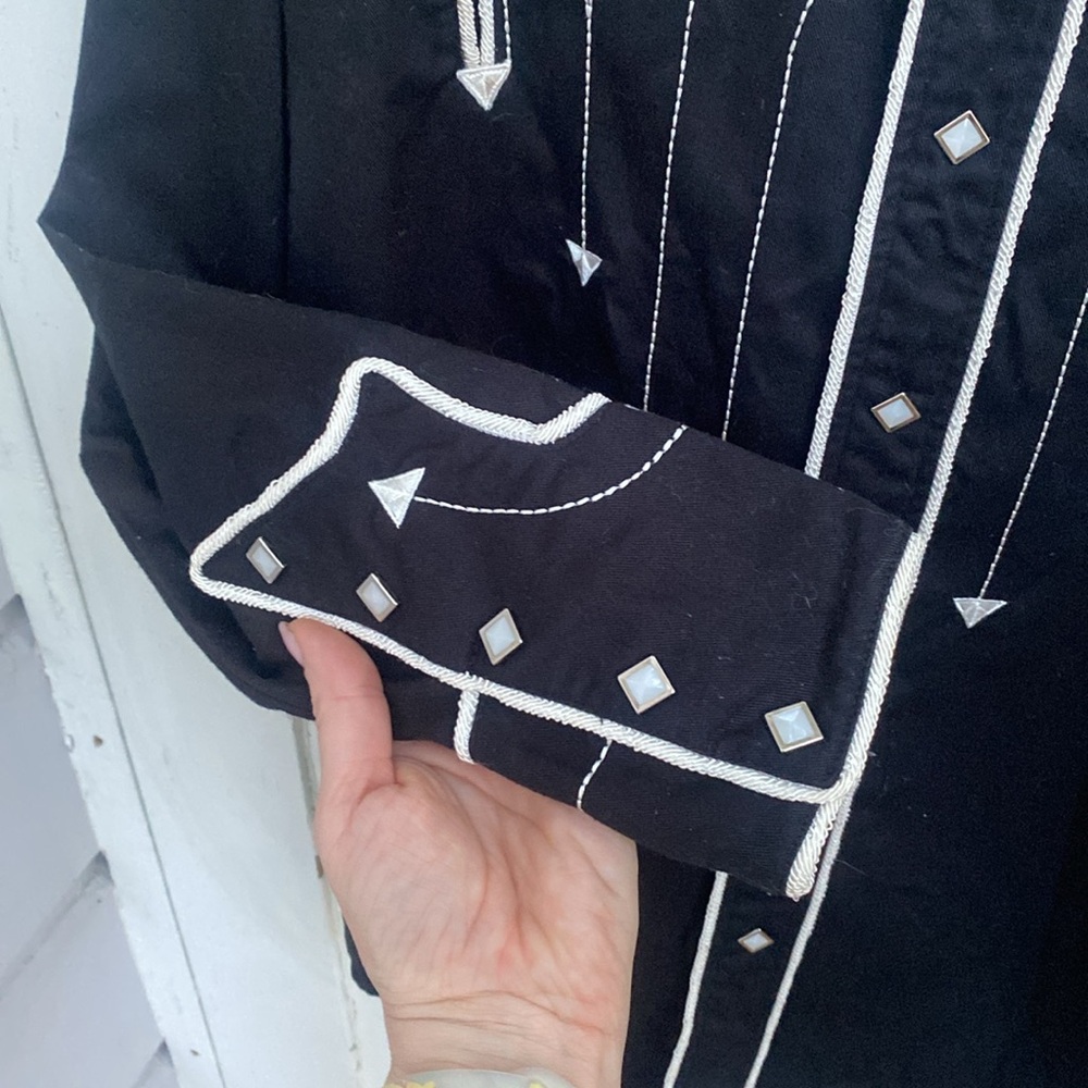 Men's Medium Panhandle Slim Retro Embroidered Western Snap Shirt Black White - Picture 6 of 9